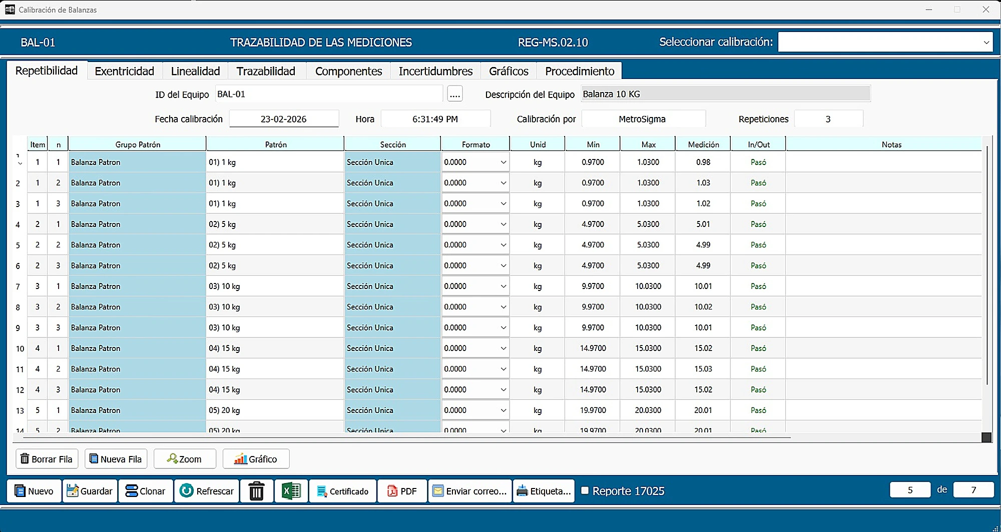 Pantalla de calibraciones de MetroSigma
