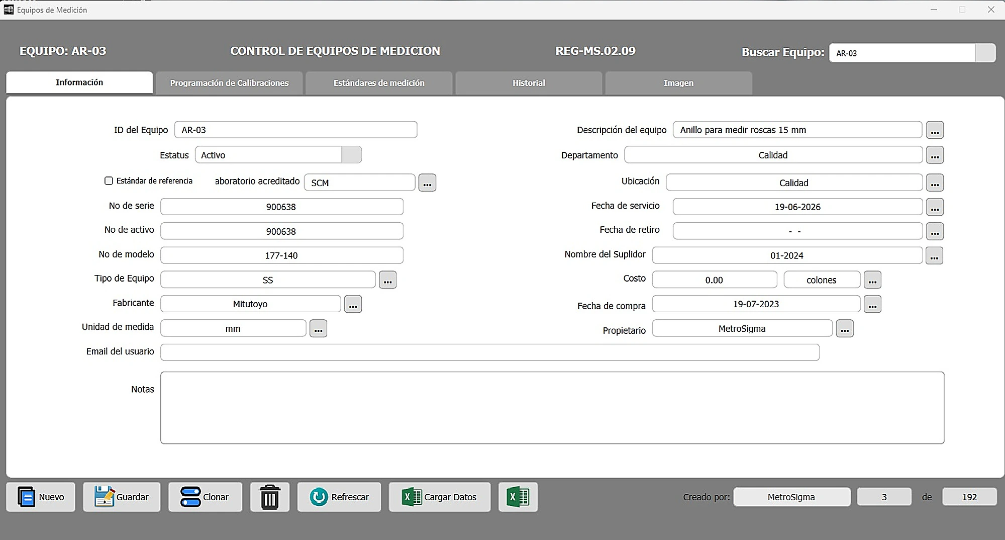 Control de equipos de medición en MetroSigma